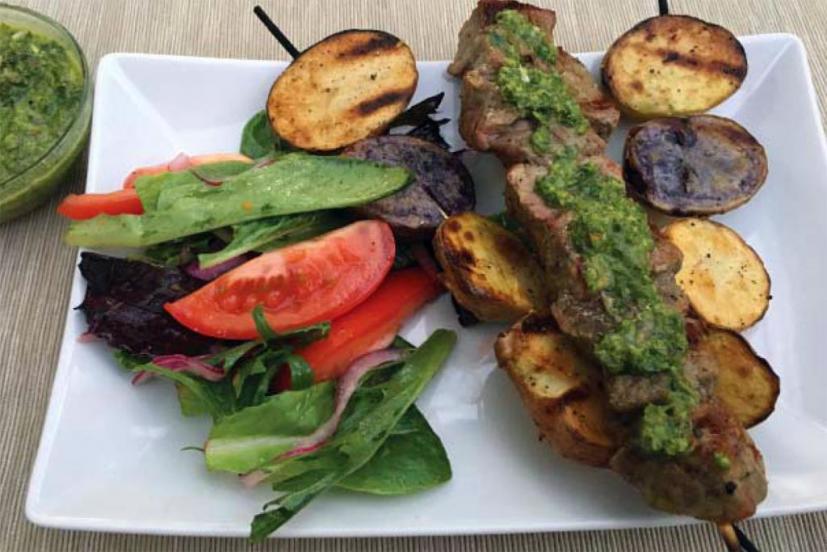 Pernilla's Pantry Steak and Potato Kebabs with Chimichurri and Tomato Salad