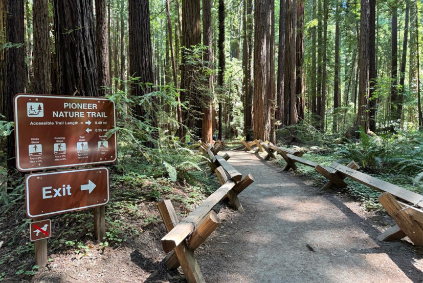 Pioneer nature trail sign and trail at Armstrong Redwoods