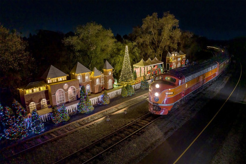 Polar Express ride train passing North Pole California State Railroad Museum