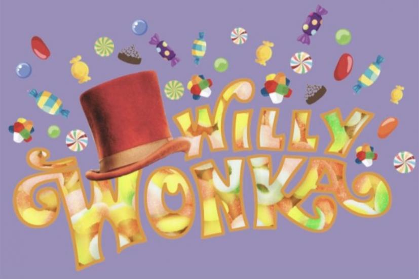 Willy Wonka graphic with candy and top hat