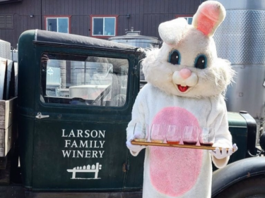 Easter Bunny in front of winery truck