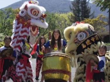 Lion dancers with Mt Tam in the background