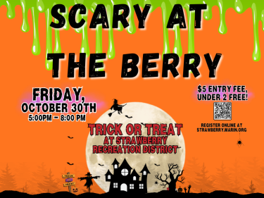 Families enjoy trick-or-treating and spooky Halloween attractions at Scary at the Berry at Strawberry Recreation Center in Mill Valley.