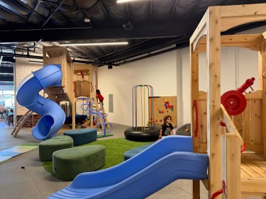 Indoor playground for kids featuring blue slides, climbing structures, and interactive play areas in Marin County.