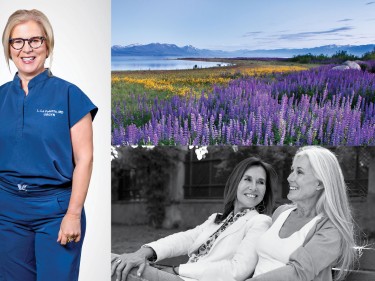 Doctor wearing scrubs and two middle-aged women and lavender field