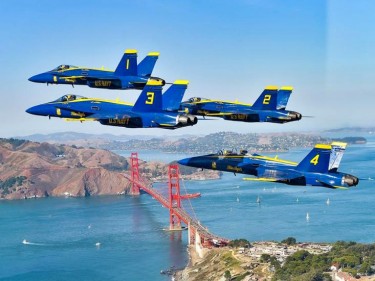 Blue Angels flying over San Francisco Bay during Fleet Week