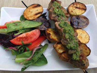 Pernilla's Pantry Steak and Potato Kebabs with Chimichurri and Tomato Salad