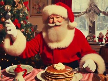 Santa Claus sitting at table with pancakes