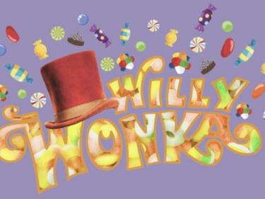 Willy Wonka graphic with candy and top hat